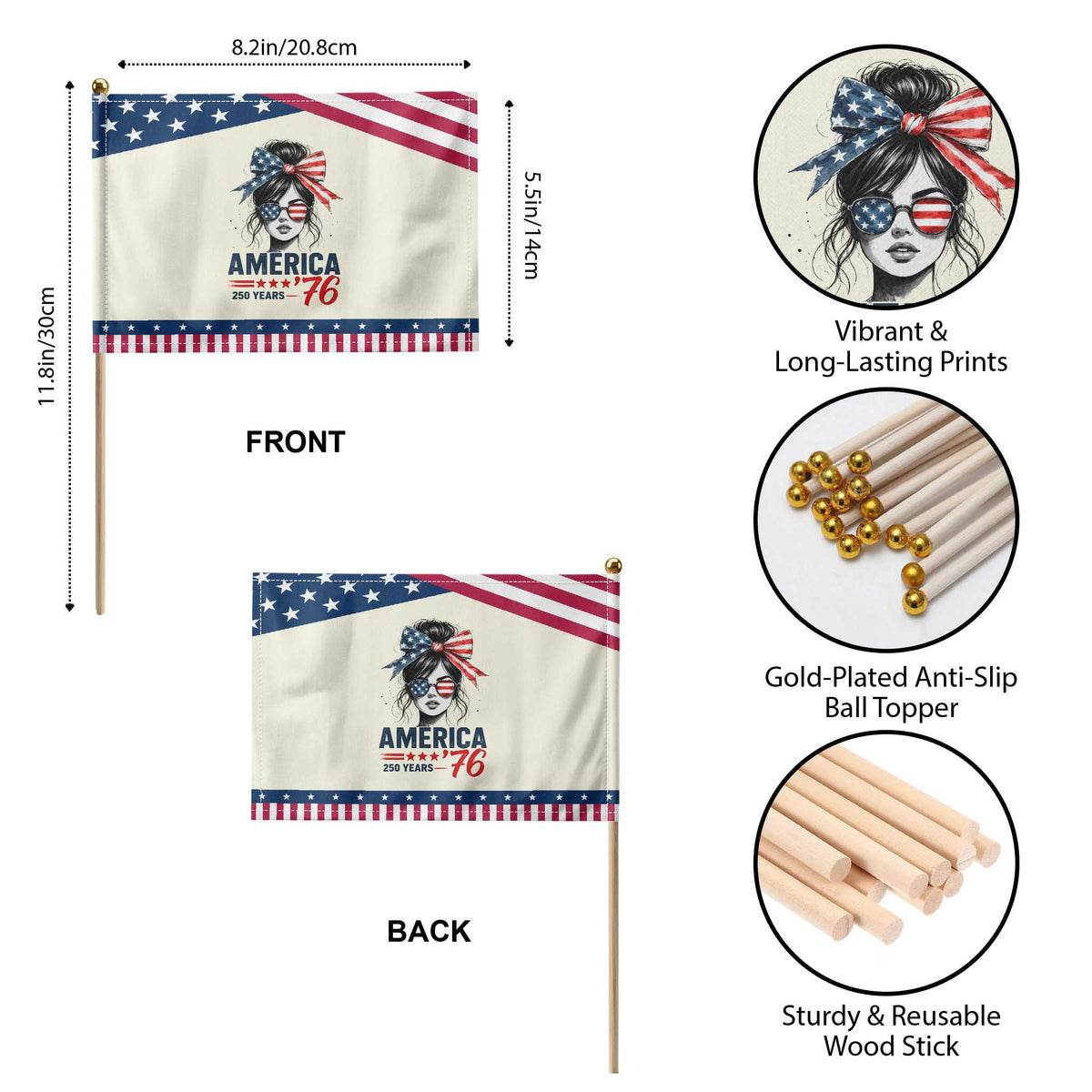 America 250 Years Patriotic Handheld Flag 250th Anniversary USA Girl Messy Bun 1776 2026