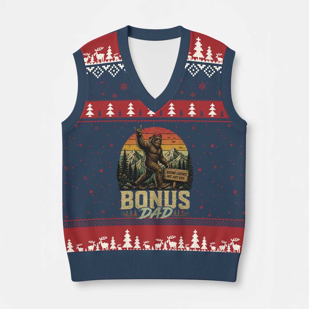 Bigfoot Bonus Dad V-Neck Knit Sweater Vest Retro Stepdad Fathers Day Gifts