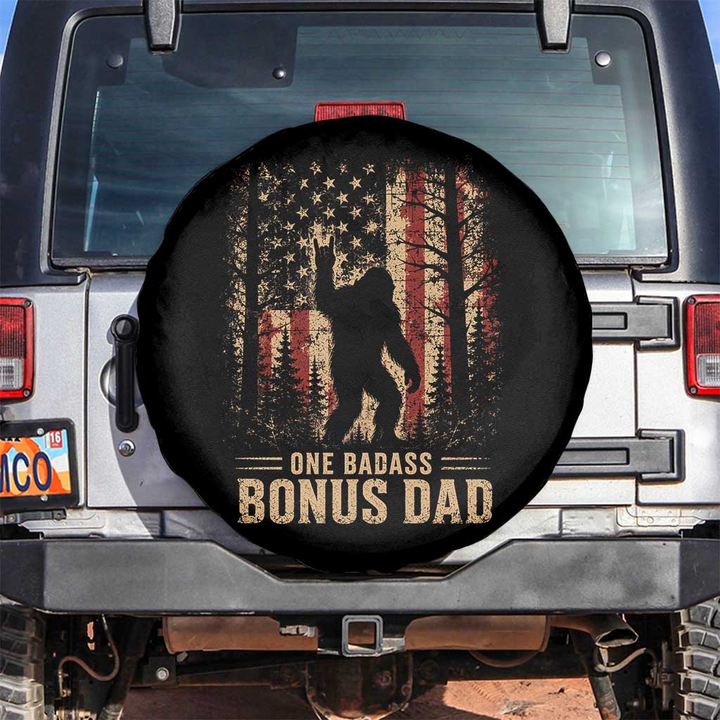 One Badass Bonus Dad Spare Tire Cover Vintage Bigfoot Stepdad American Flag