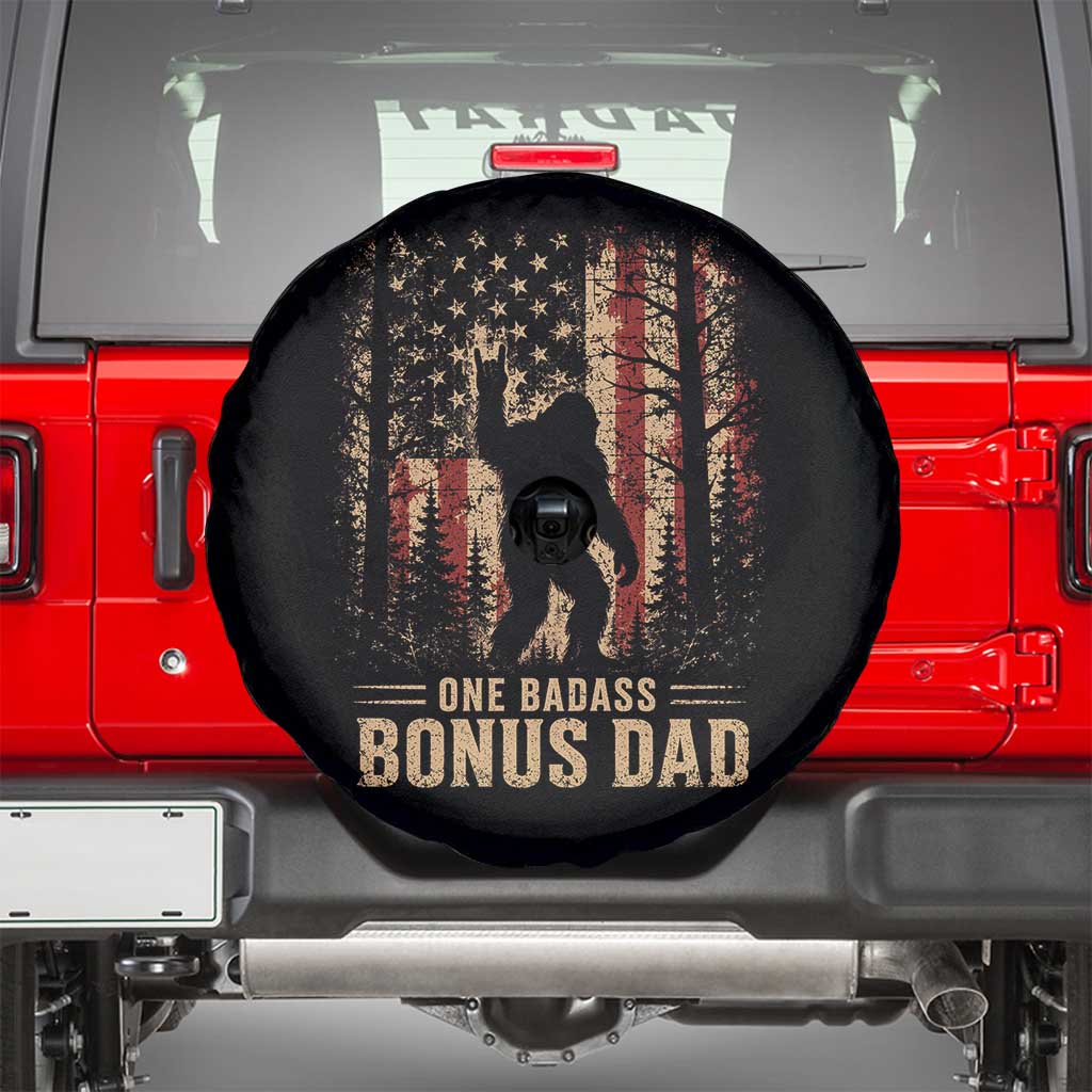 One Badass Bonus Dad Spare Tire Cover Vintage Bigfoot Stepdad American Flag