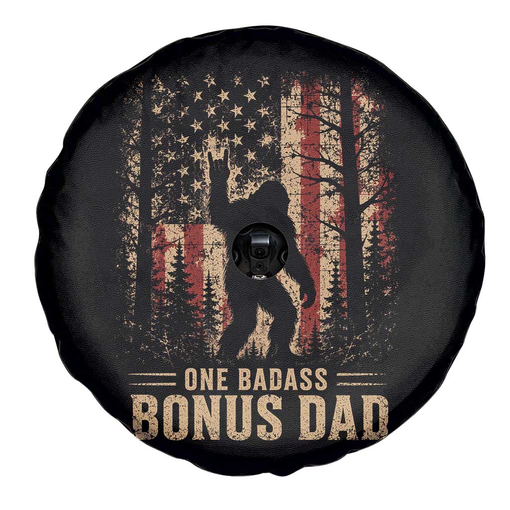 One Badass Bonus Dad Spare Tire Cover Vintage Bigfoot Stepdad American Flag