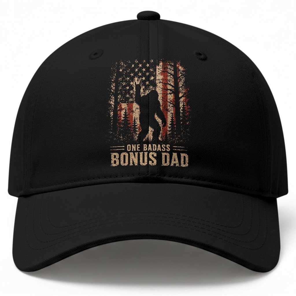 One Badass Bonus Dad Baseball Cap Vintage Bigfoot Stepdad American Flag