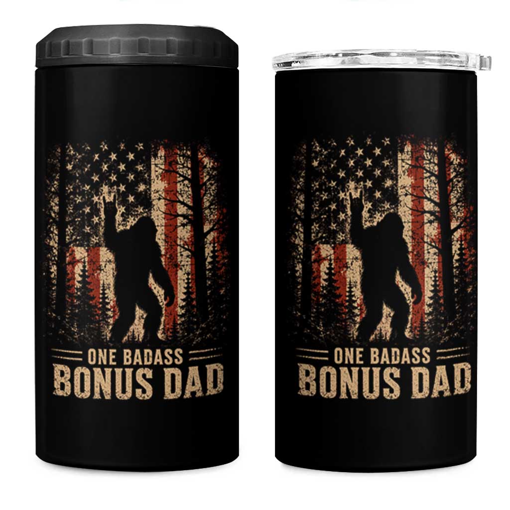 One Badass Bonus Dad 4 in 1 Can Cooler Tumbler Vintage Bigfoot Stepdad American Flag