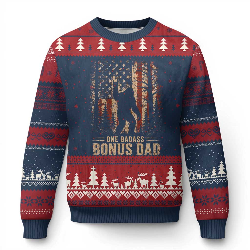 One Badass Bonus Dad Ugly Christmas Sweater Vintage Bigfoot Stepdad American Flag