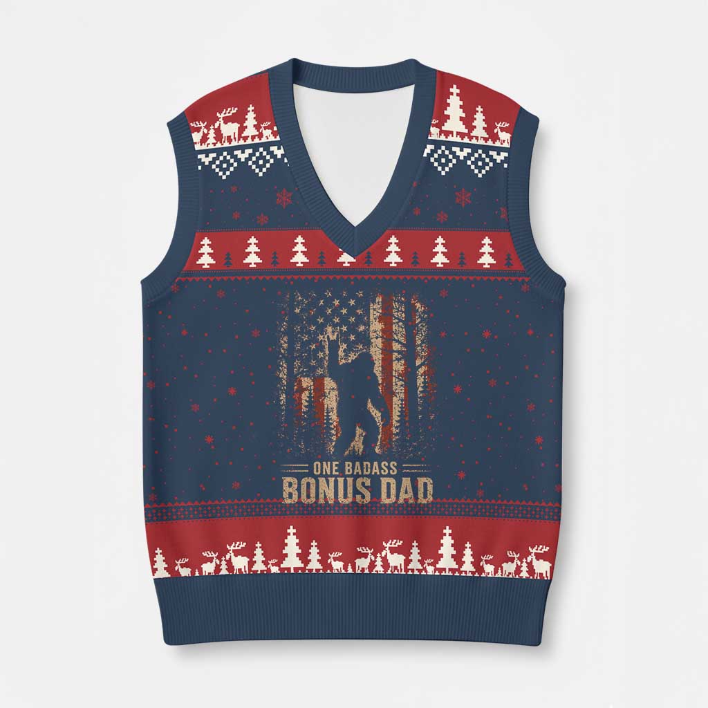 One Badass Bonus Dad V-Neck Knit Sweater Vest Vintage Bigfoot Stepdad American Flag