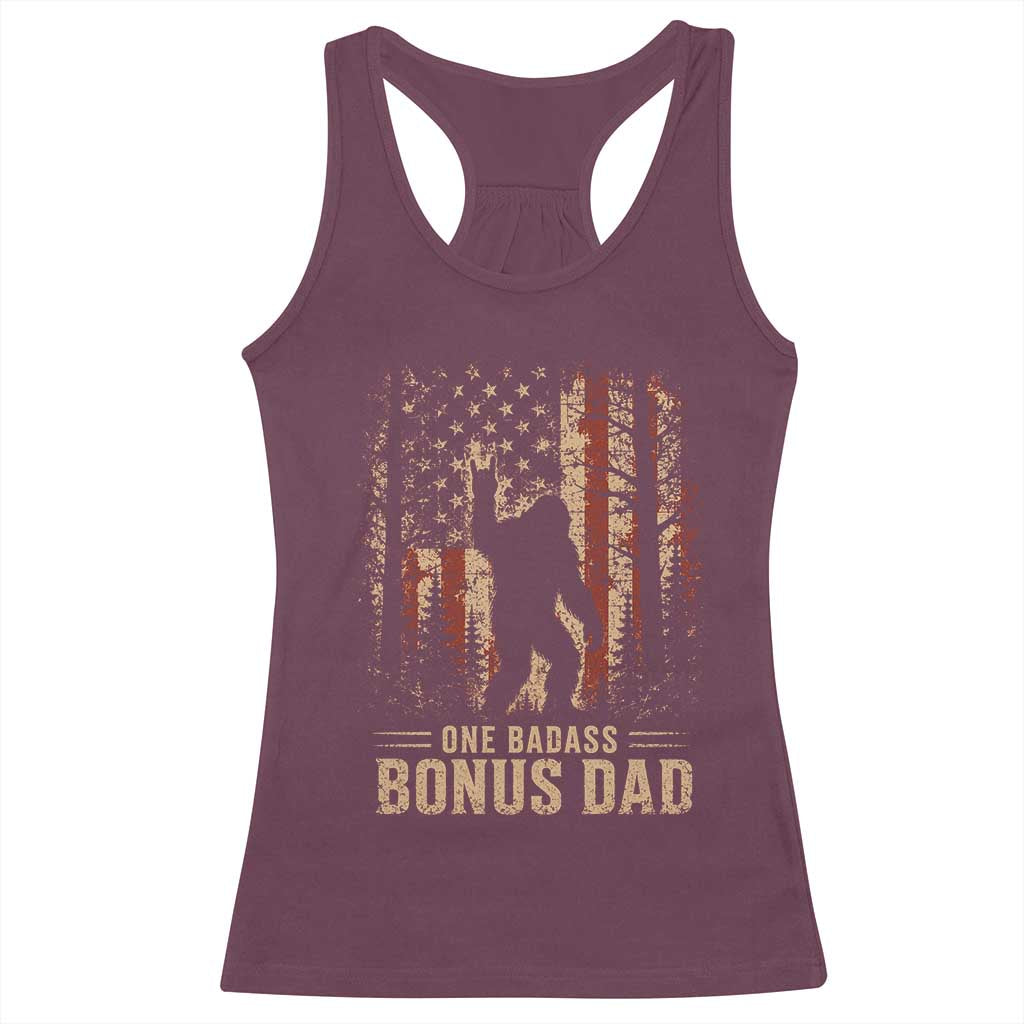 One Badass Bonus Dad Racerback Tank Top Vintage Bigfoot Stepdad American Flag