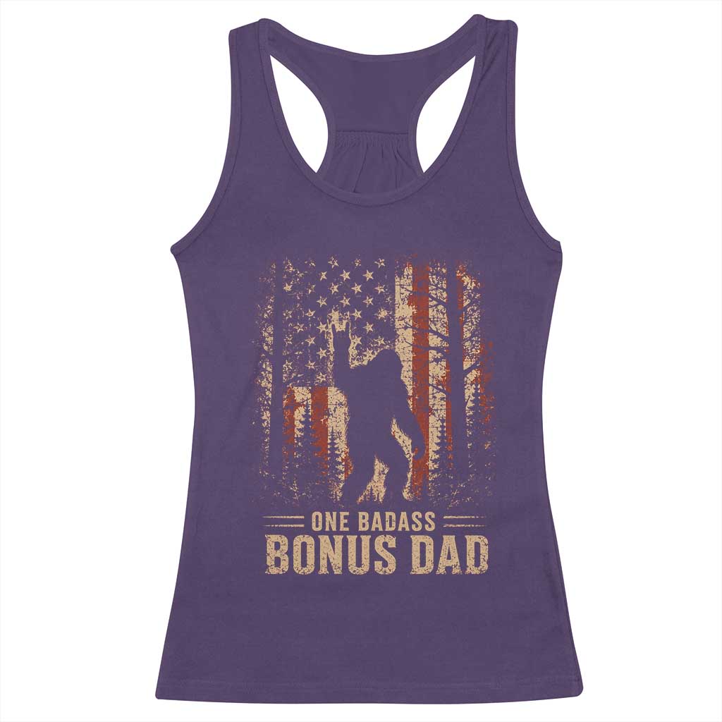 One Badass Bonus Dad Racerback Tank Top Vintage Bigfoot Stepdad American Flag