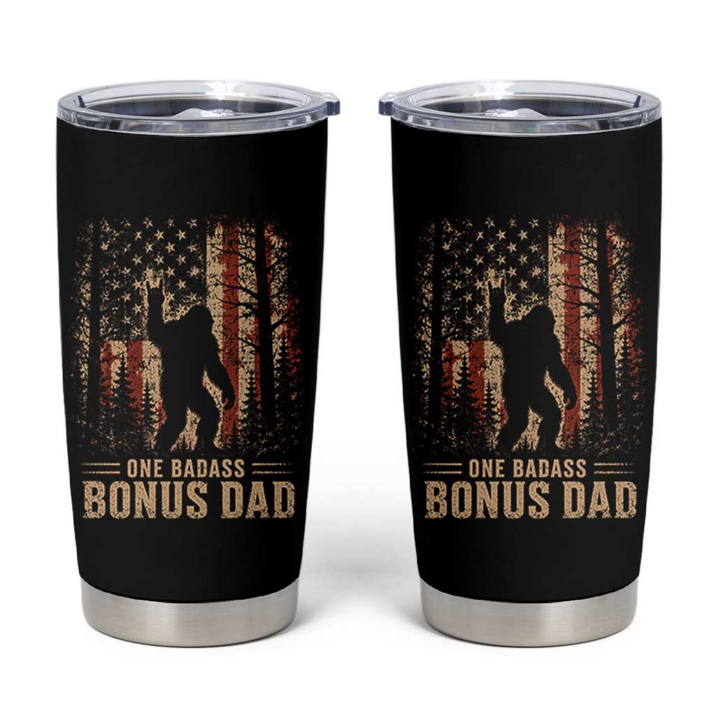 One Badass Bonus Dad Tumbler Cup Vintage Bigfoot Stepdad American Flag