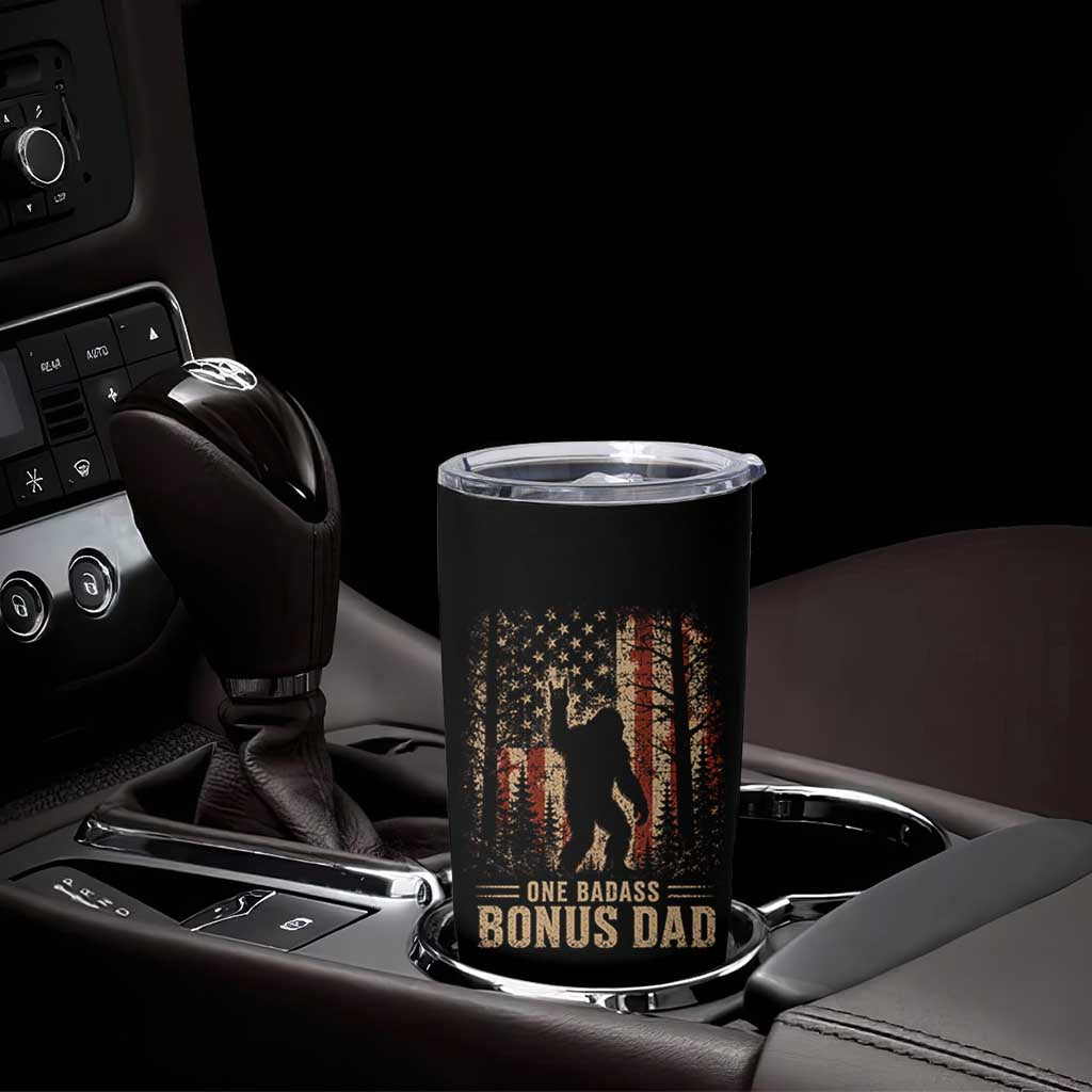 One Badass Bonus Dad Tumbler Cup Vintage Bigfoot Stepdad American Flag