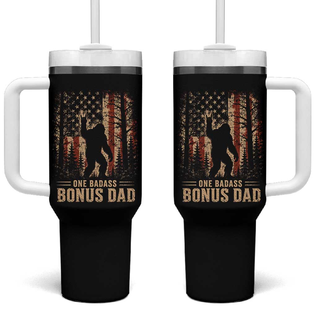 One Badass Bonus Dad Tumbler With Handle Vintage Bigfoot Stepdad American Flag