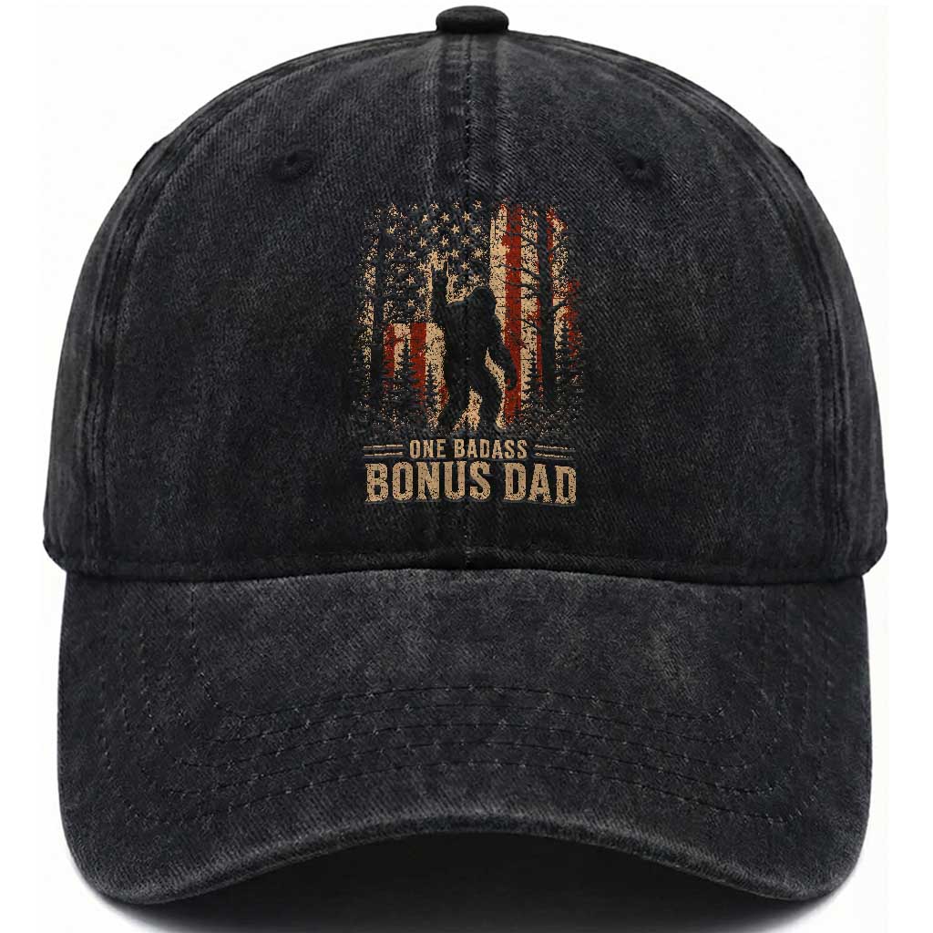 One Badass Bonus Dad Washed Cotton Baseball Cap Vintage Bigfoot Stepdad American Flag