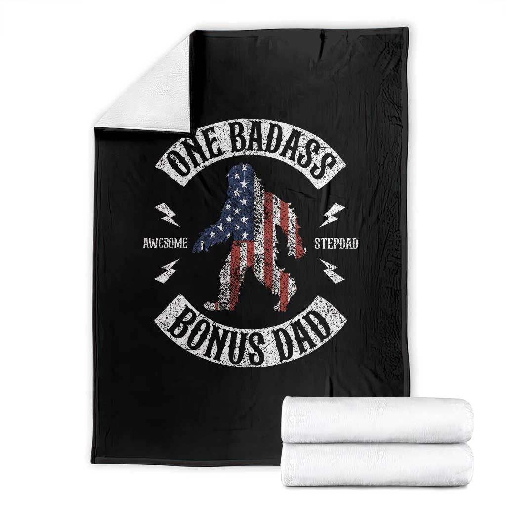 One Badass Bonus Dad Throw Blanket Vintage Bigfoot Stepdad Birthday Step Dad US Flag