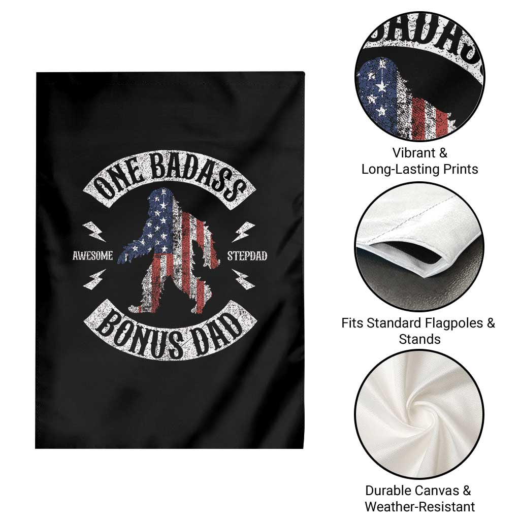 One Badass Bonus Dad Garden Flag Vintage Bigfoot Stepdad Birthday Step Dad US Flag