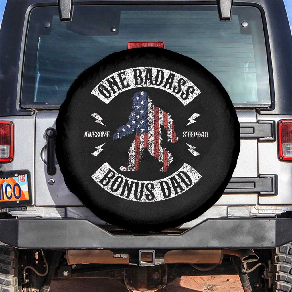 One Badass Bonus Dad Spare Tire Cover Vintage Bigfoot Stepdad Birthday Step Dad US Flag