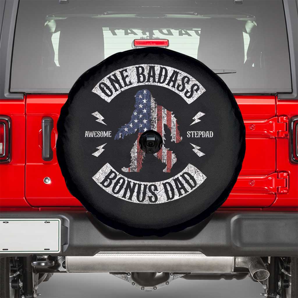 One Badass Bonus Dad Spare Tire Cover Vintage Bigfoot Stepdad Birthday Step Dad US Flag