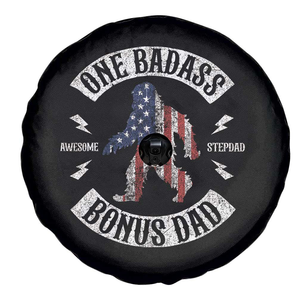 One Badass Bonus Dad Spare Tire Cover Vintage Bigfoot Stepdad Birthday Step Dad US Flag