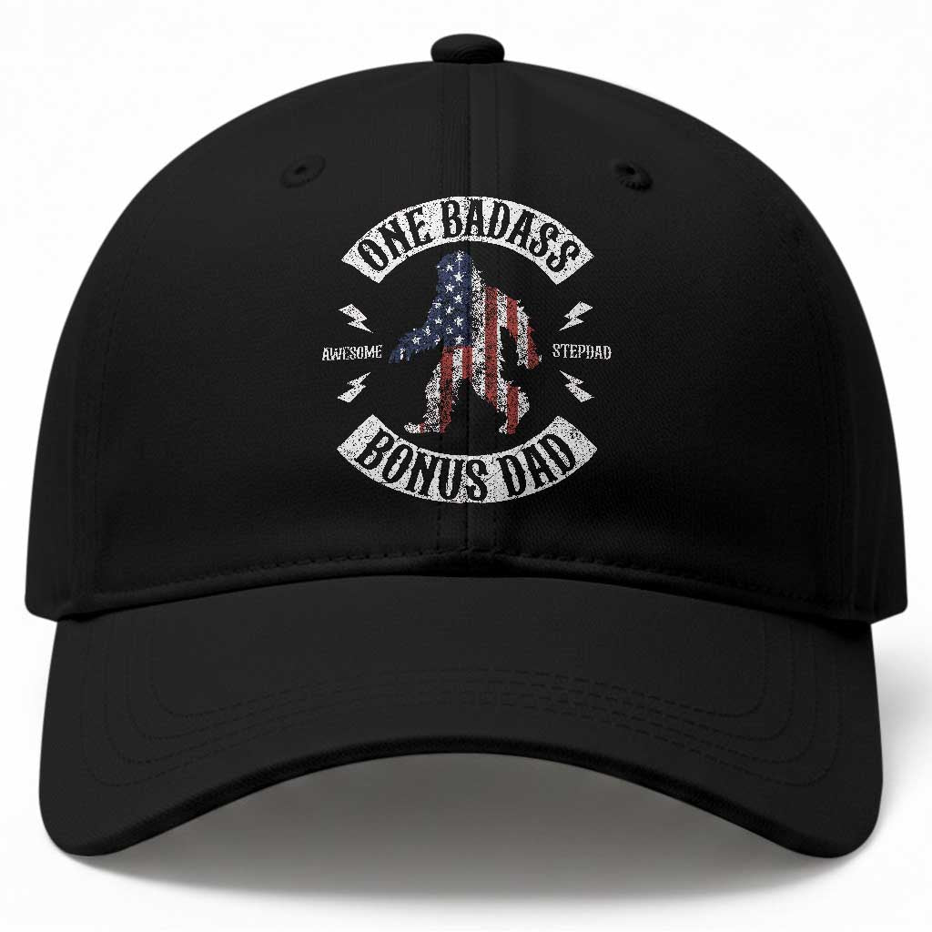 One Badass Bonus Dad Baseball Cap Vintage Bigfoot Stepdad Birthday Step Dad US Flag