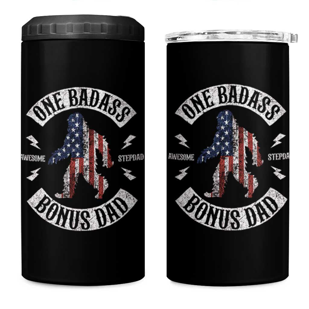 One Badass Bonus Dad 4 in 1 Can Cooler Tumbler Vintage Bigfoot Stepdad Birthday Step Dad US Flag