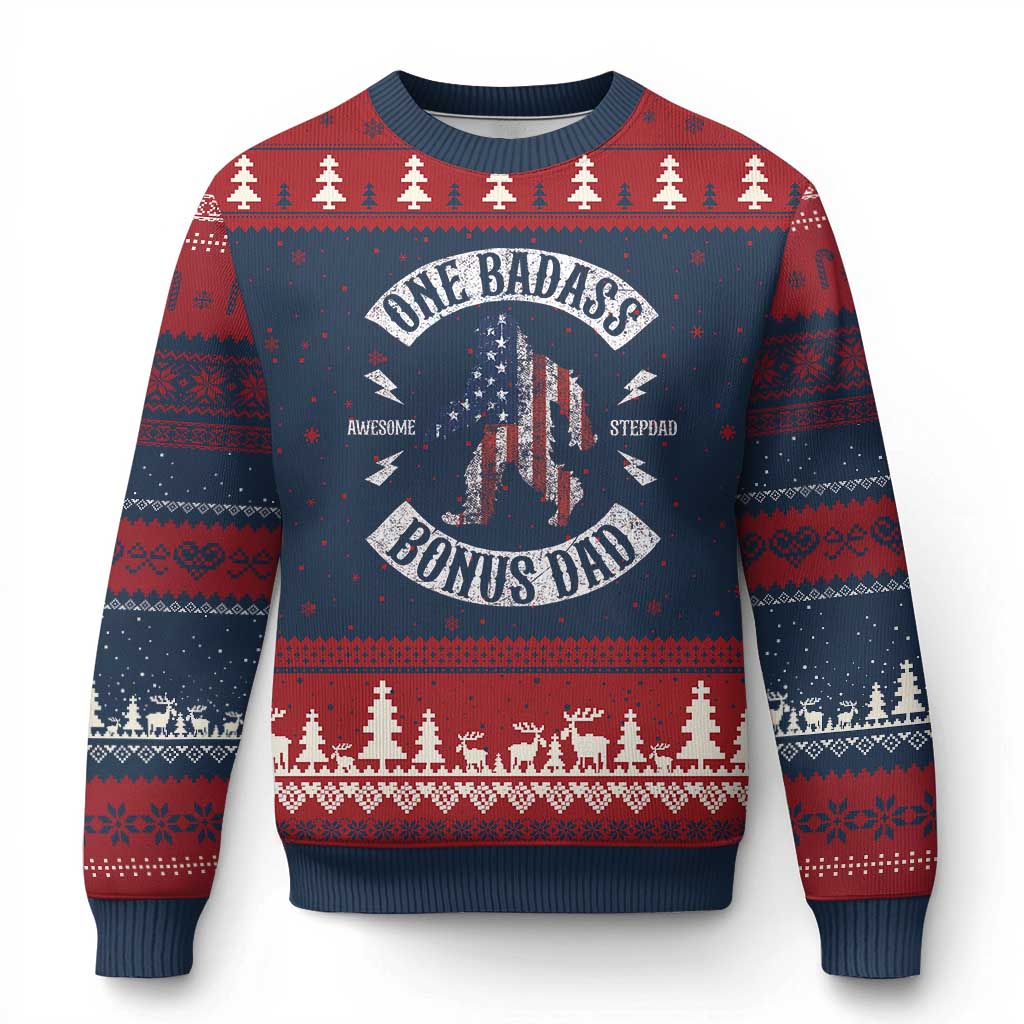 One Badass Bonus Dad Ugly Christmas Sweater Vintage Bigfoot Stepdad Birthday Step Dad US Flag