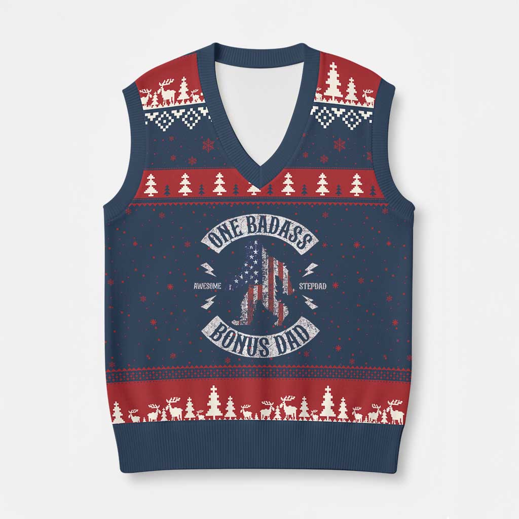One Badass Bonus Dad V-Neck Knit Sweater Vest Vintage Bigfoot Stepdad Birthday Step Dad US Flag