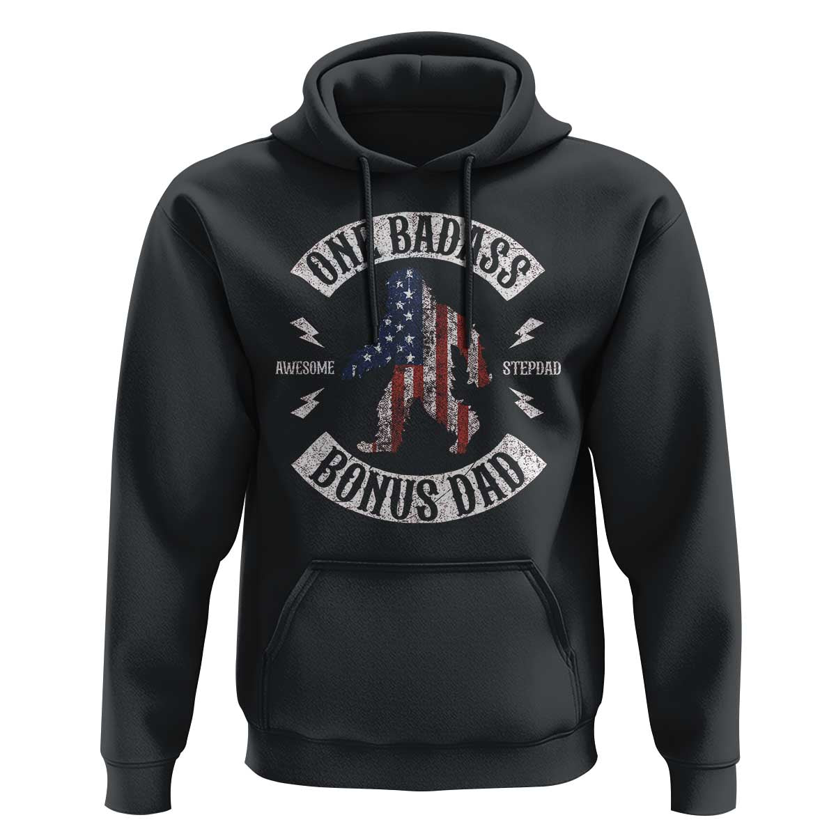 One Badass Bonus Dad Hoodie Vintage Bigfoot Stepdad Birthday Step Dad US Flag