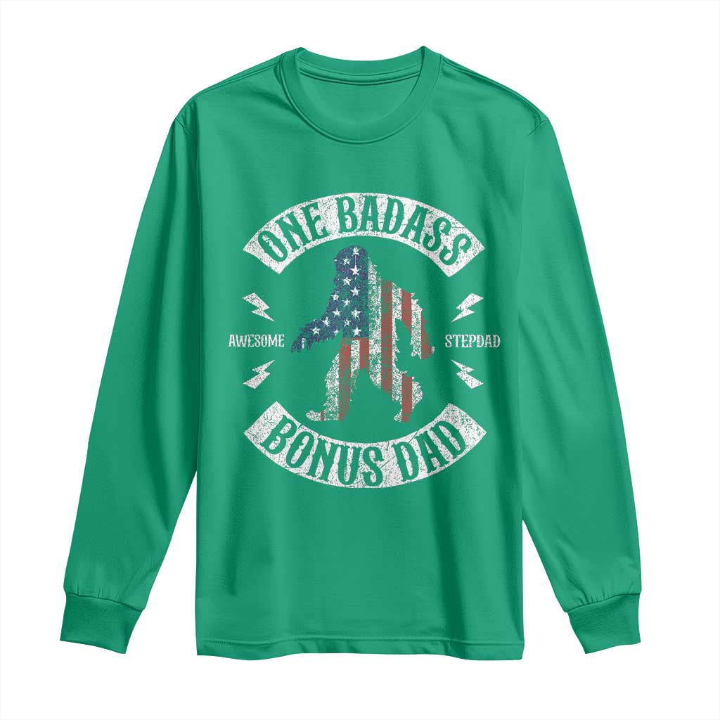 One Badass Bonus Dad Long Sleeve Shirt Vintage Bigfoot Stepdad Birthday Step Dad US Flag