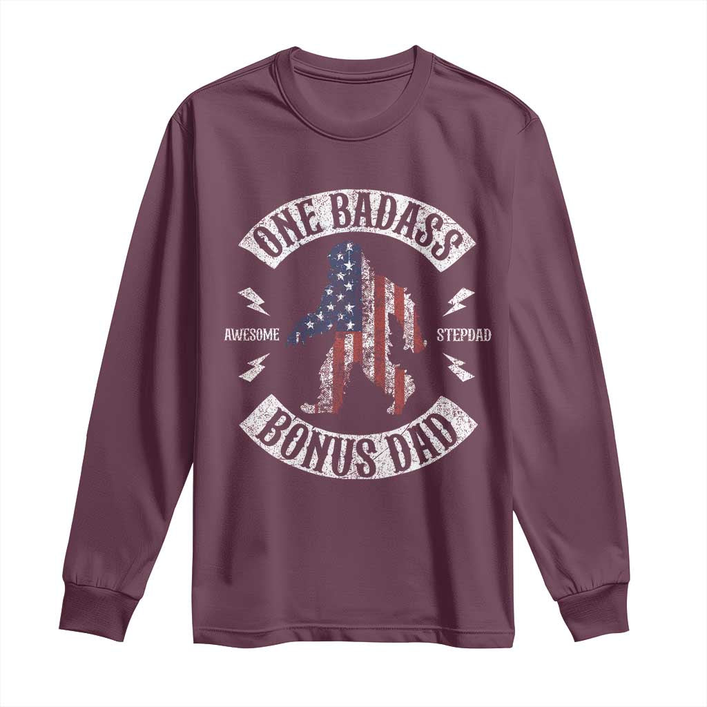 One Badass Bonus Dad Long Sleeve Shirt Vintage Bigfoot Stepdad Birthday Step Dad US Flag