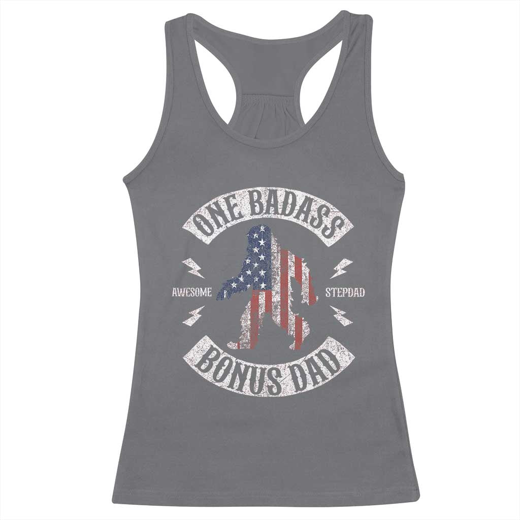 One Badass Bonus Dad Racerback Tank Top Vintage Bigfoot Stepdad Birthday Step Dad US Flag