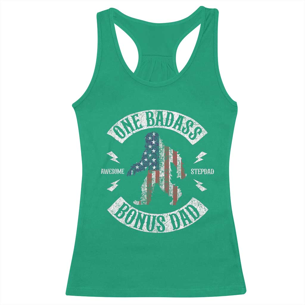 One Badass Bonus Dad Racerback Tank Top Vintage Bigfoot Stepdad Birthday Step Dad US Flag