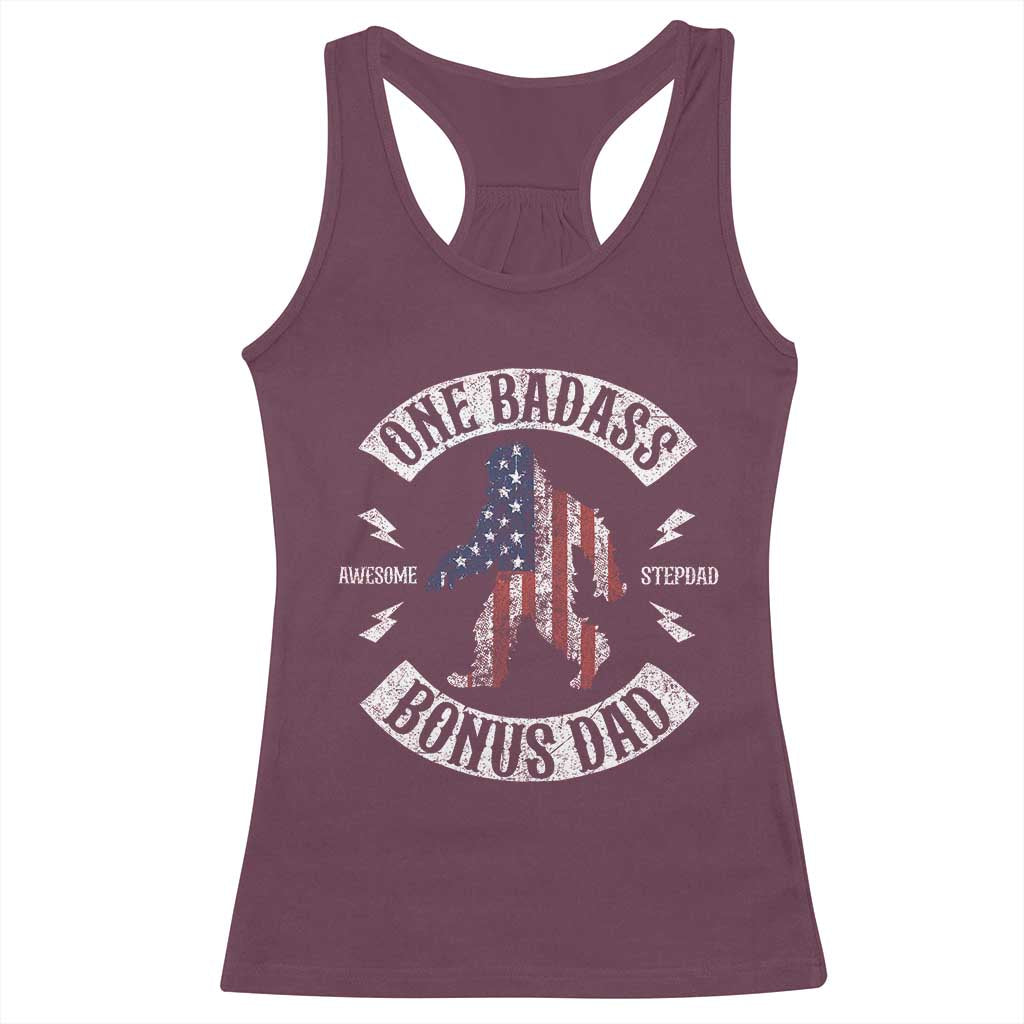 One Badass Bonus Dad Racerback Tank Top Vintage Bigfoot Stepdad Birthday Step Dad US Flag