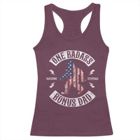 One Badass Bonus Dad Racerback Tank Top Vintage Bigfoot Stepdad Birthday Step Dad US Flag