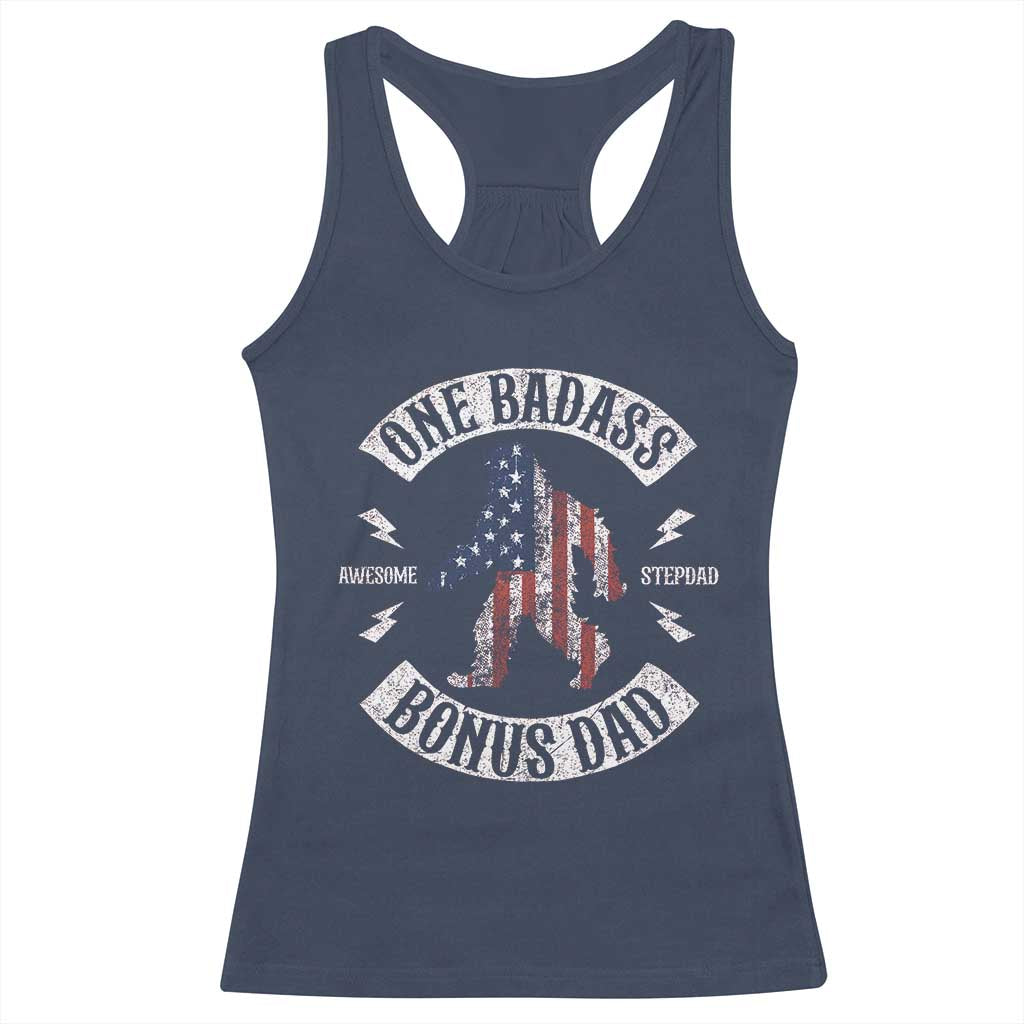 One Badass Bonus Dad Racerback Tank Top Vintage Bigfoot Stepdad Birthday Step Dad US Flag