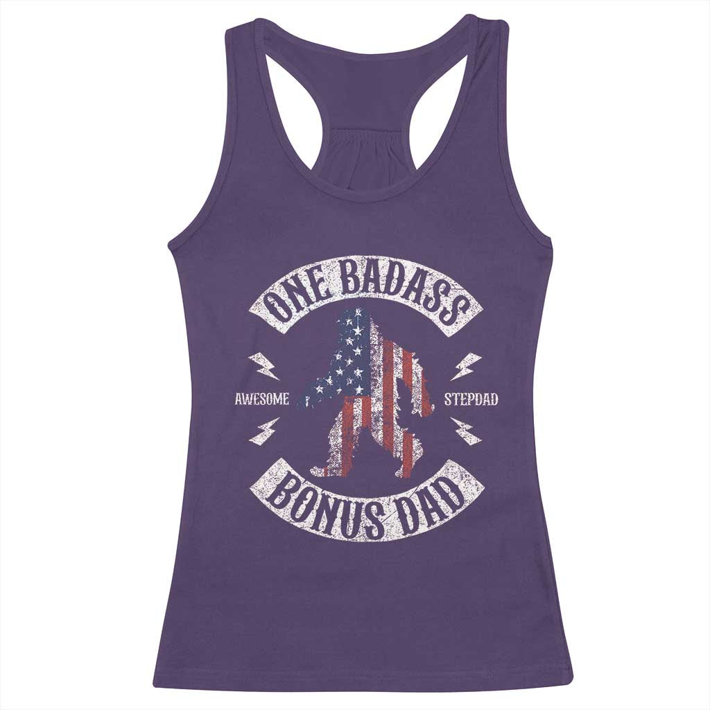 One Badass Bonus Dad Racerback Tank Top Vintage Bigfoot Stepdad Birthday Step Dad US Flag