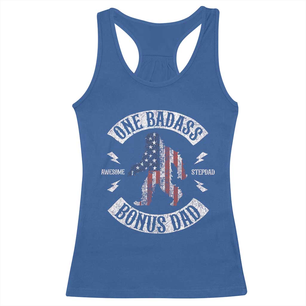 One Badass Bonus Dad Racerback Tank Top Vintage Bigfoot Stepdad Birthday Step Dad US Flag