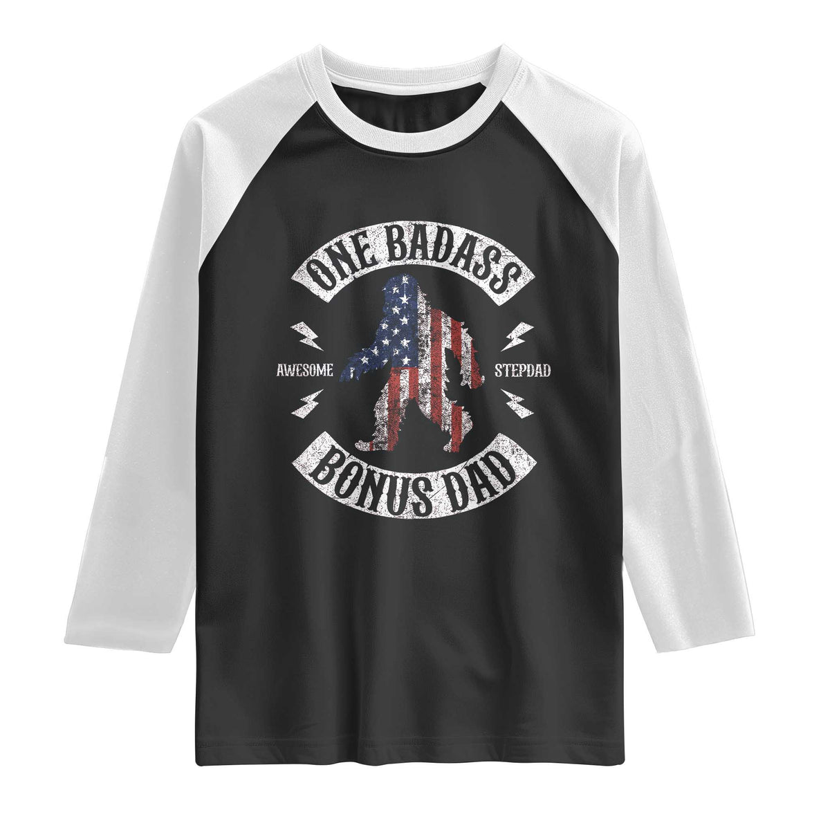 One Badass Bonus Dad Raglan Shirt Vintage Bigfoot Stepdad Birthday Step Dad US Flag