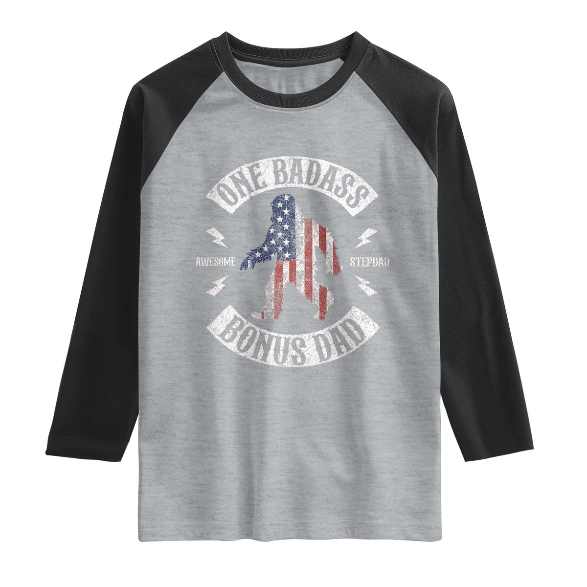 One Badass Bonus Dad Raglan Shirt Vintage Bigfoot Stepdad Birthday Step Dad US Flag