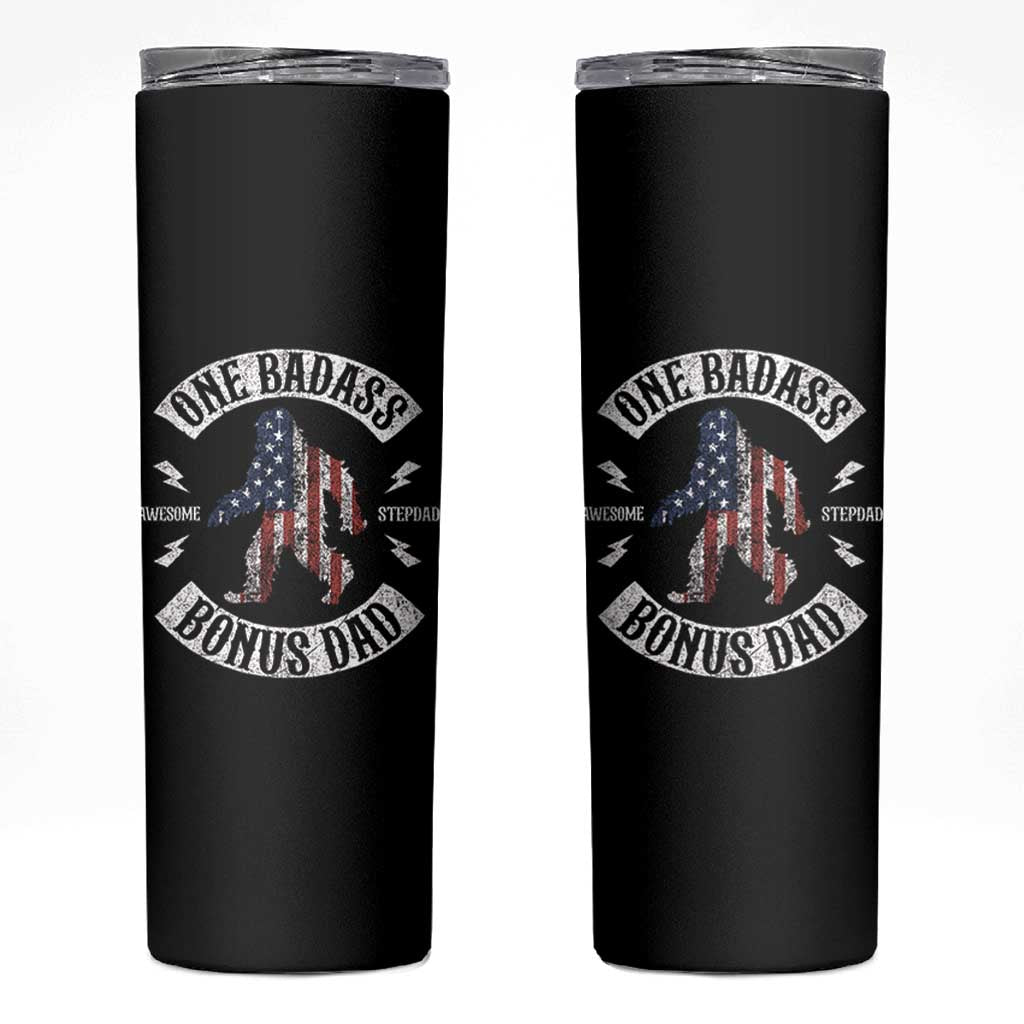 One Badass Bonus Dad Skinny Tumbler Vintage Bigfoot Stepdad Birthday Step Dad US Flag
