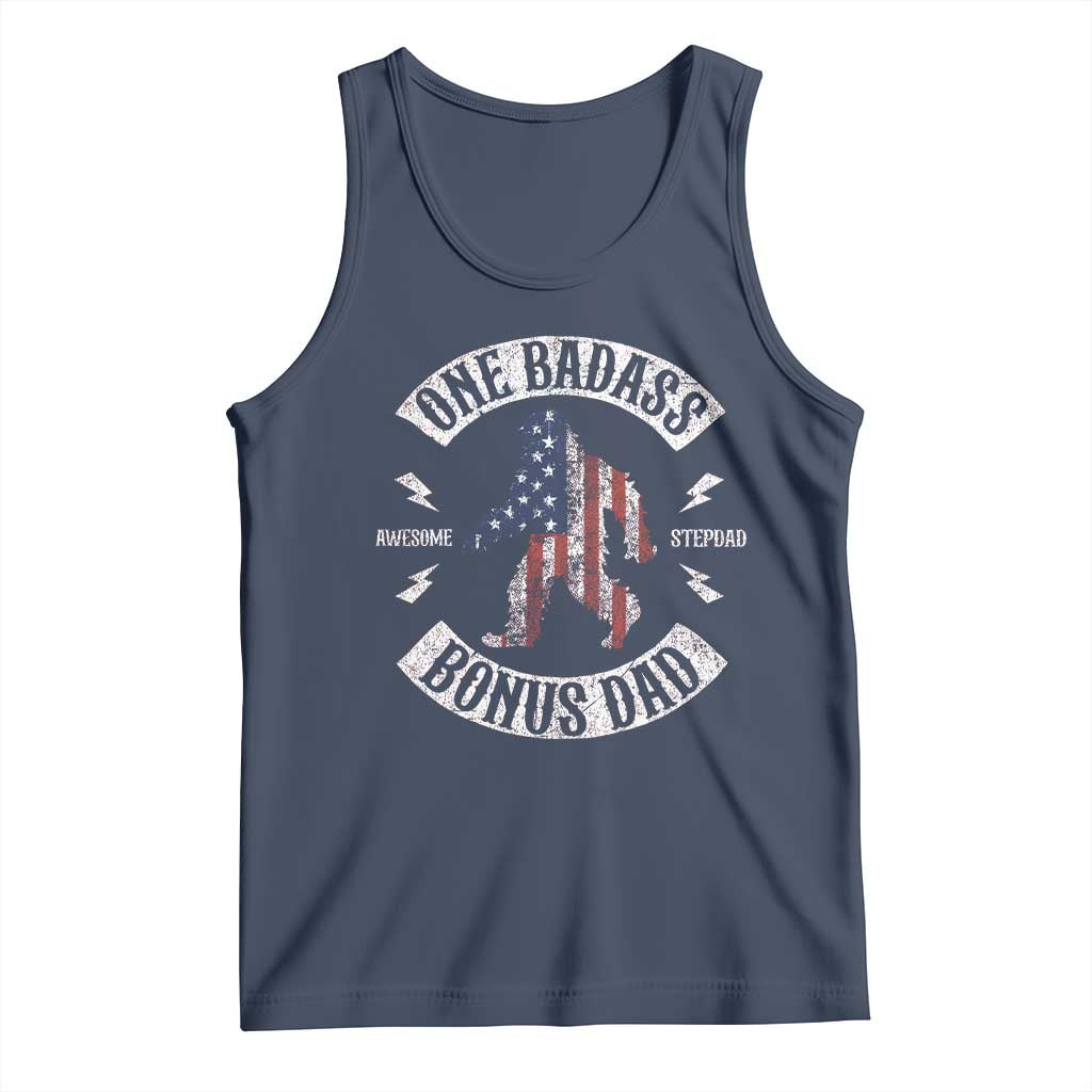 One Badass Bonus Dad Tank Top Vintage Bigfoot Stepdad Birthday Step Dad US Flag