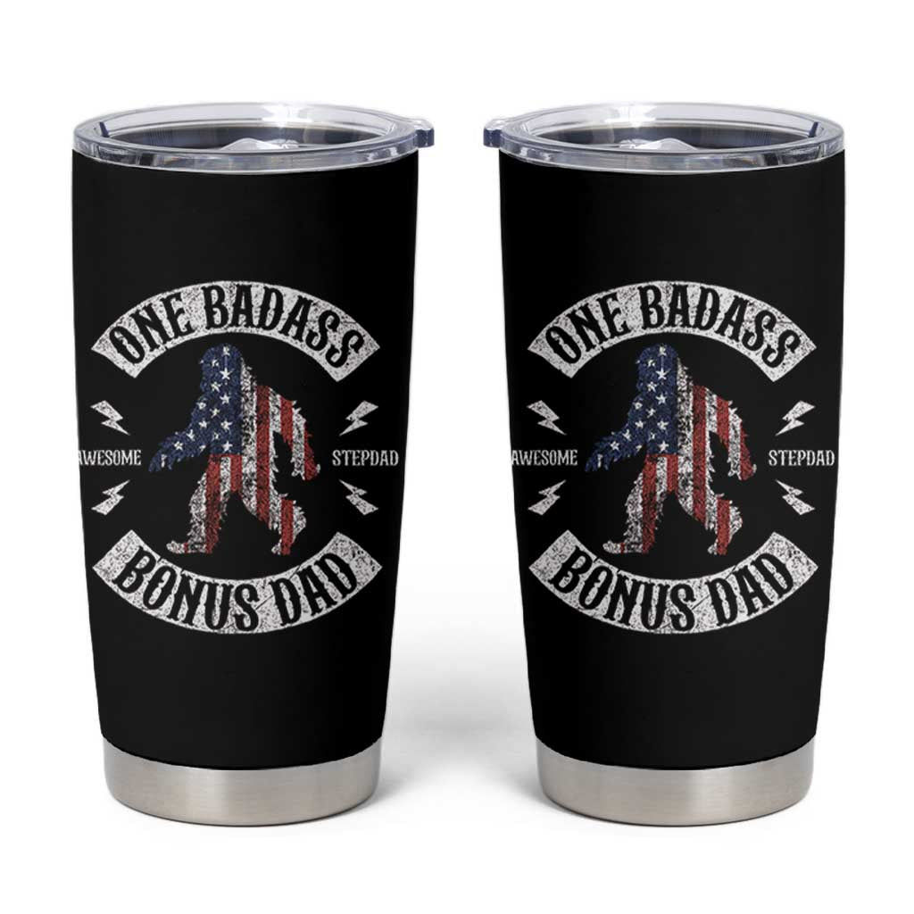 One Badass Bonus Dad Tumbler Cup Vintage Bigfoot Stepdad Birthday Step Dad US Flag