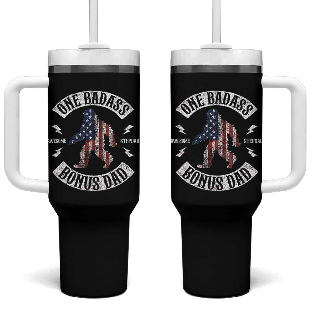 One Badass Bonus Dad Tumbler With Handle Vintage Bigfoot Stepdad Birthday Step Dad US Flag