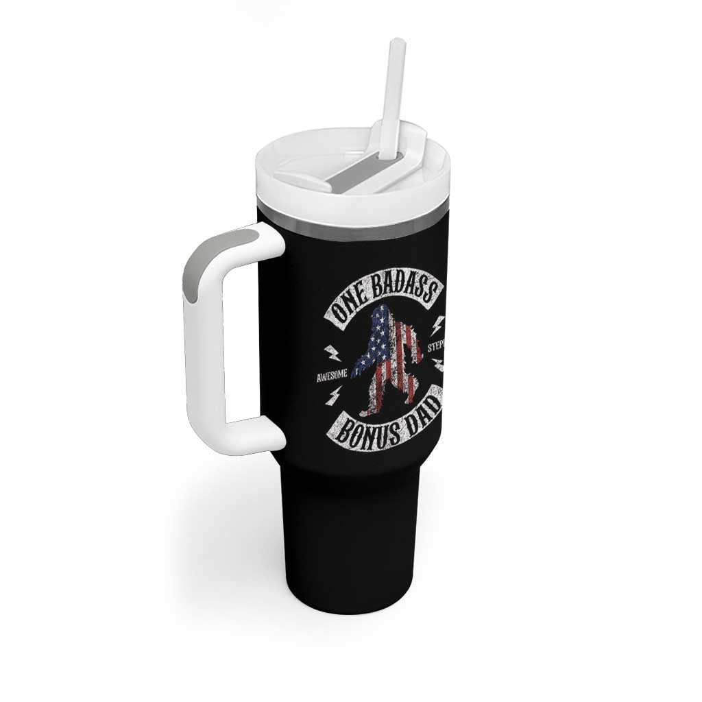 One Badass Bonus Dad Tumbler With Handle Vintage Bigfoot Stepdad Birthday Step Dad US Flag