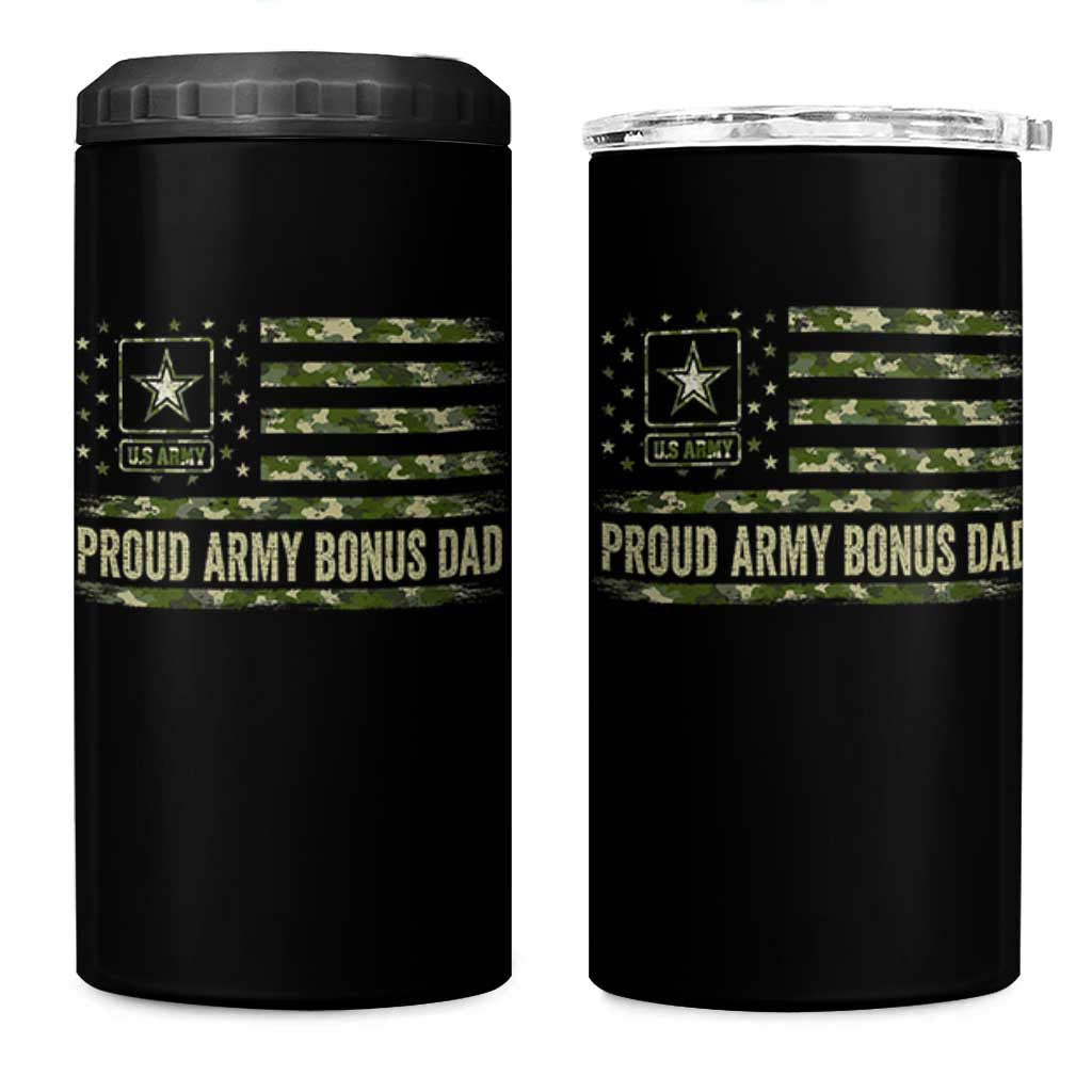 Proud Army Bonus Dad 4 in 1 Can Cooler Tumbler Vintage Stepdad Birthday Step Dad Camo US Flag