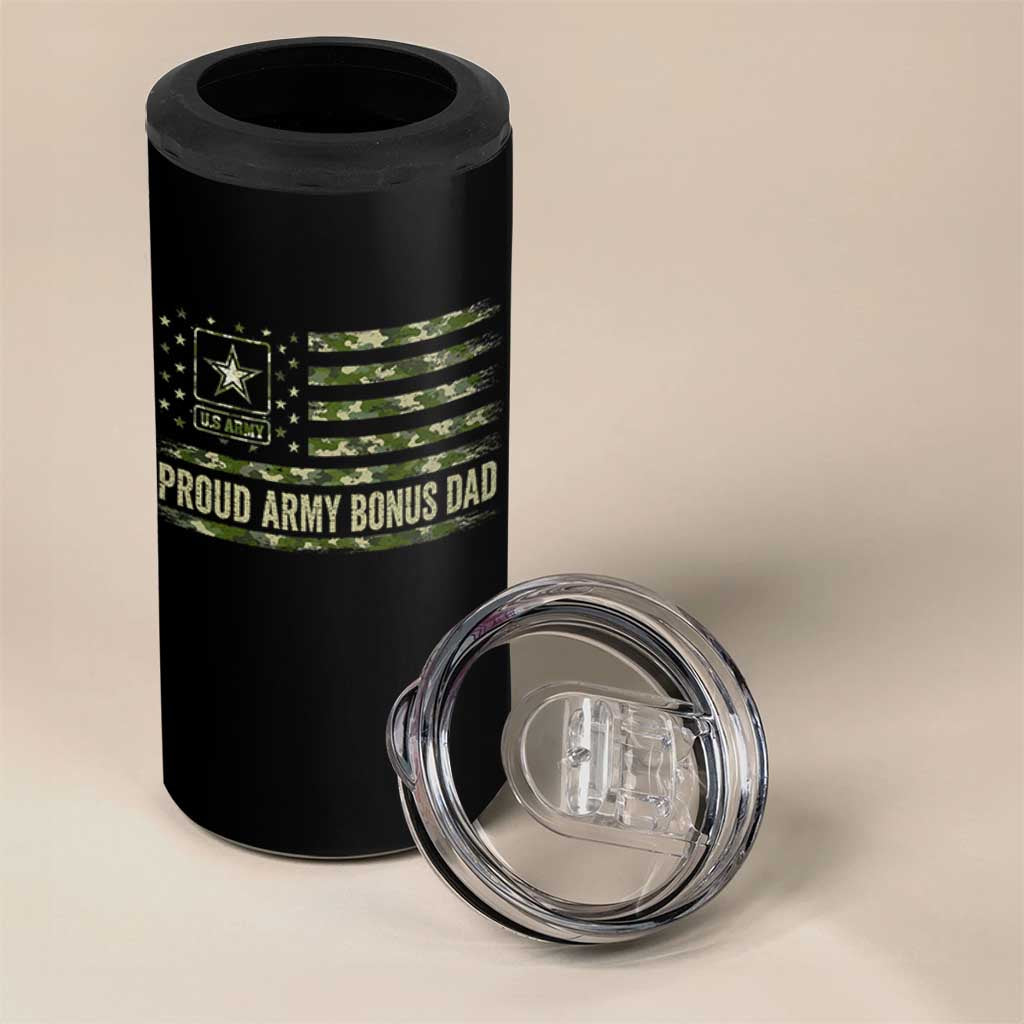Proud Army Bonus Dad 4 in 1 Can Cooler Tumbler Vintage Stepdad Birthday Step Dad Camo US Flag