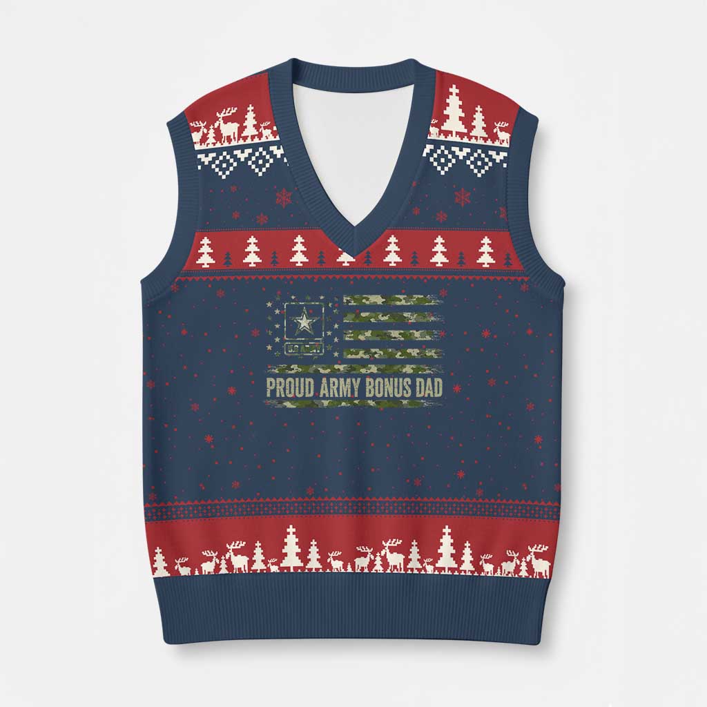 Proud Army Bonus Dad V-Neck Knit Sweater Vest Vintage Stepdad Birthday Step Dad Camo US Flag