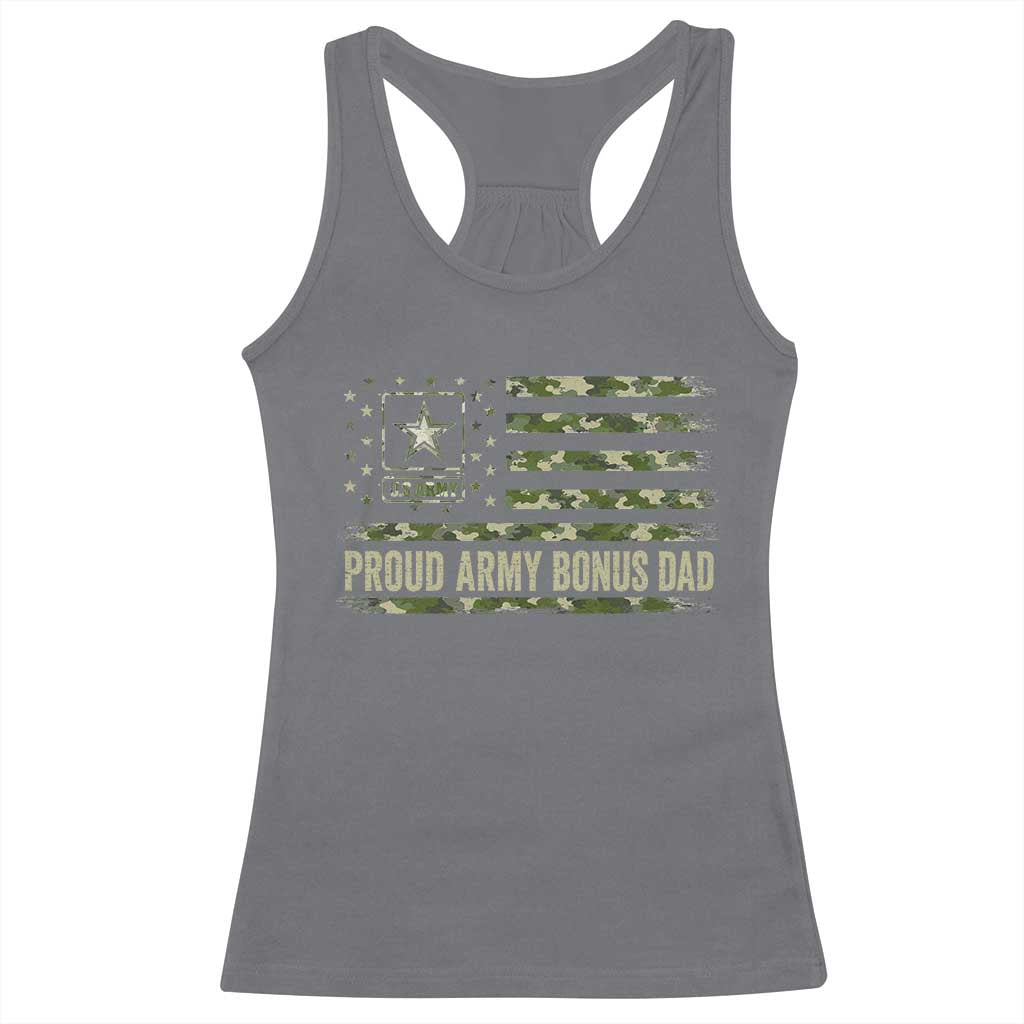 Proud Army Bonus Dad Racerback Tank Top Vintage Stepdad Birthday Step Dad Camo US Flag