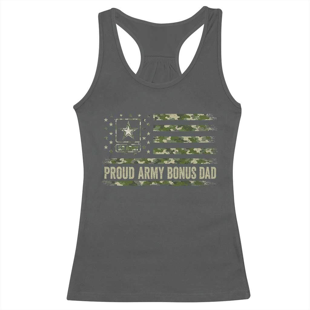 Proud Army Bonus Dad Racerback Tank Top Vintage Stepdad Birthday Step Dad Camo US Flag