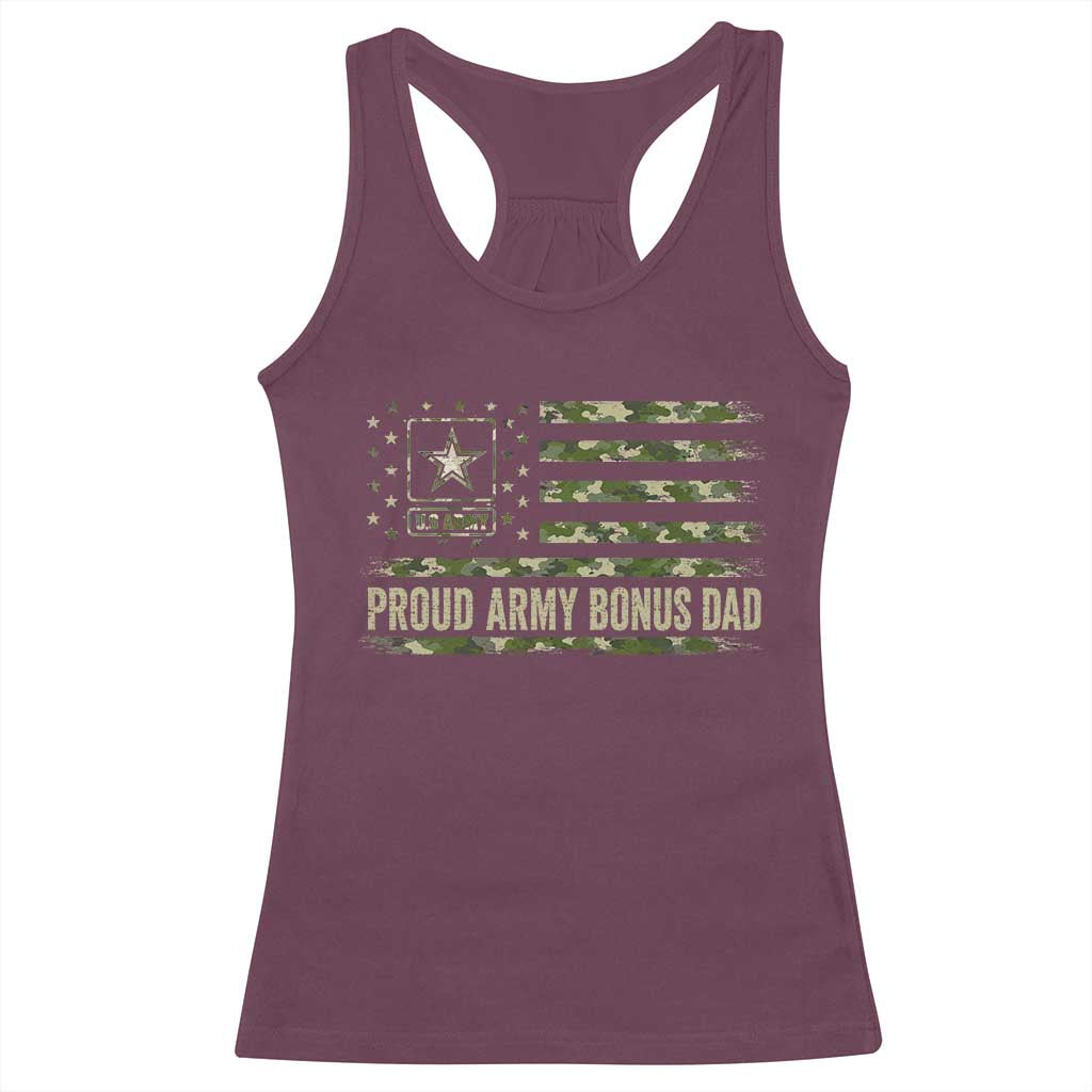 Proud Army Bonus Dad Racerback Tank Top Vintage Stepdad Birthday Step Dad Camo US Flag