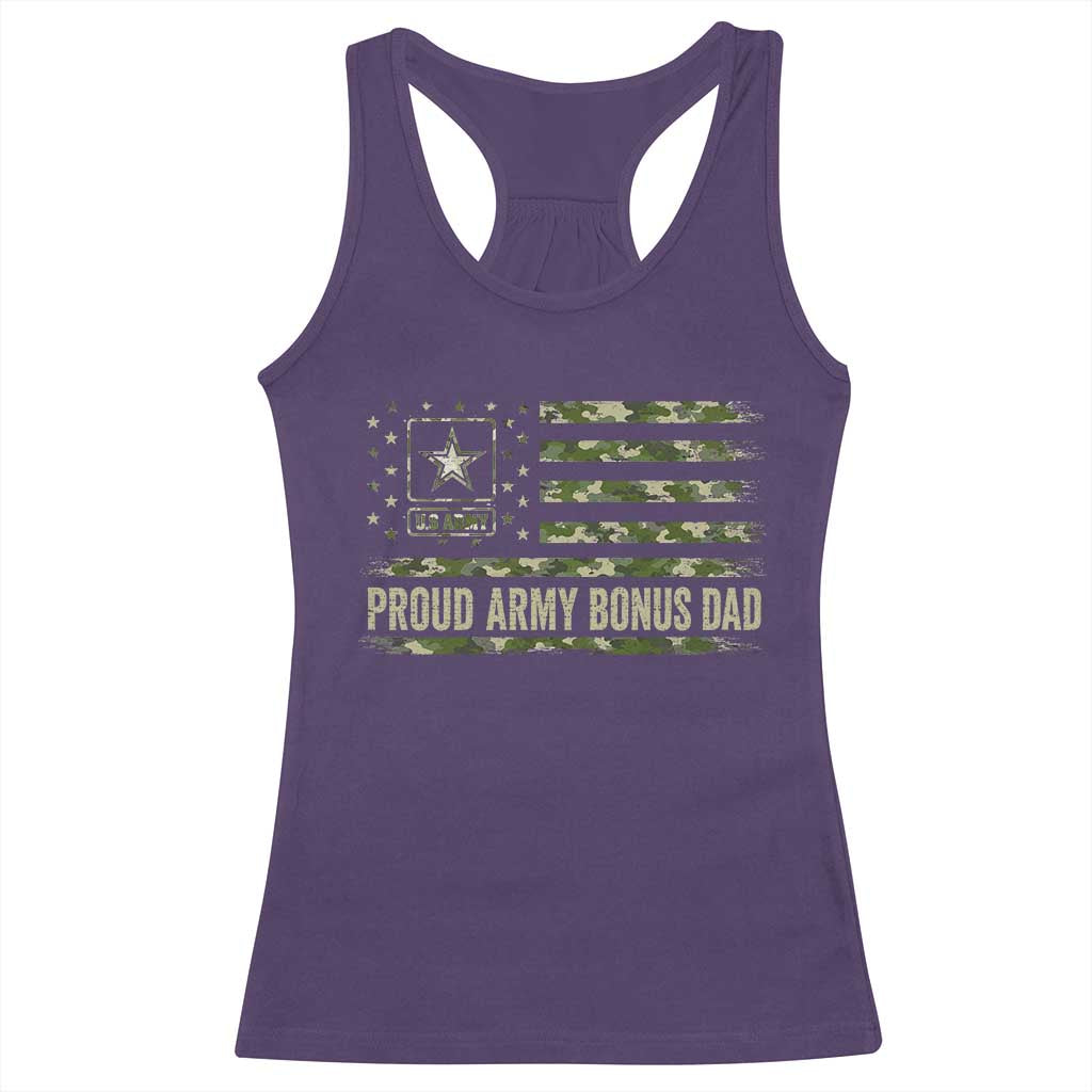 Proud Army Bonus Dad Racerback Tank Top Vintage Stepdad Birthday Step Dad Camo US Flag