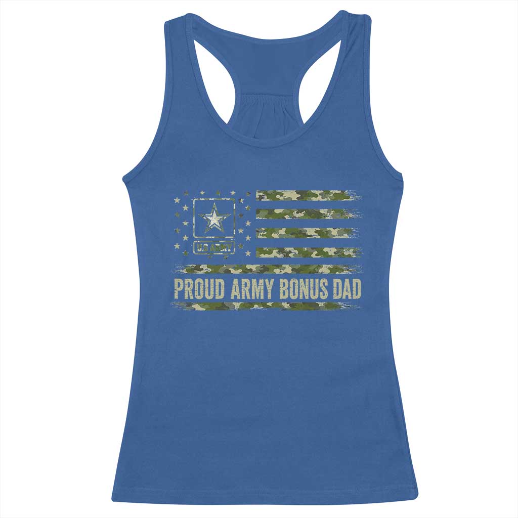 Proud Army Bonus Dad Racerback Tank Top Vintage Stepdad Birthday Step Dad Camo US Flag