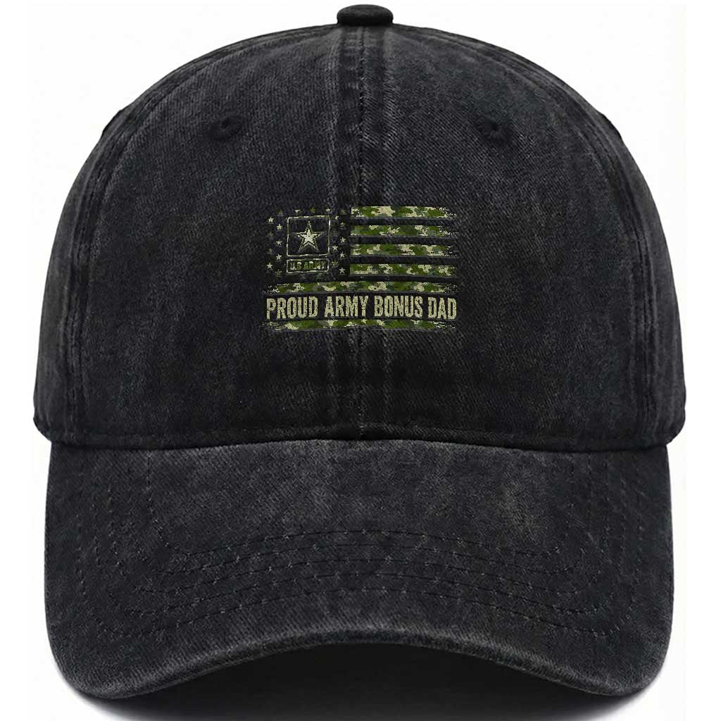 Proud Army Bonus Dad Washed Cotton Baseball Cap Vintage Stepdad Birthday Step Dad Camo US Flag